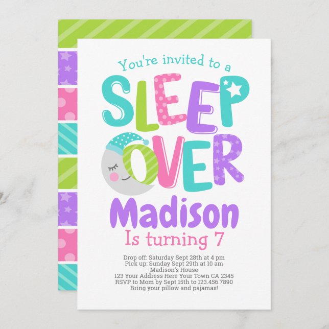 Invitation Fête d'anniversaire Pyjama Party (Devant / Derrière)