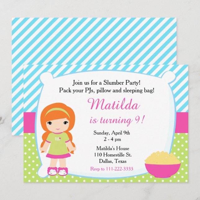 Invitation Fête d'anniversaire Pyjama Party pour fille aux ch (Devant / Derrière)