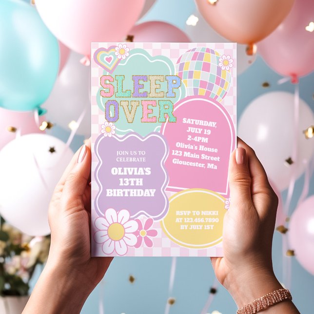 Invitation Fête d'anniversaire pyjama pastel Varsity (Créateur téléchargé)