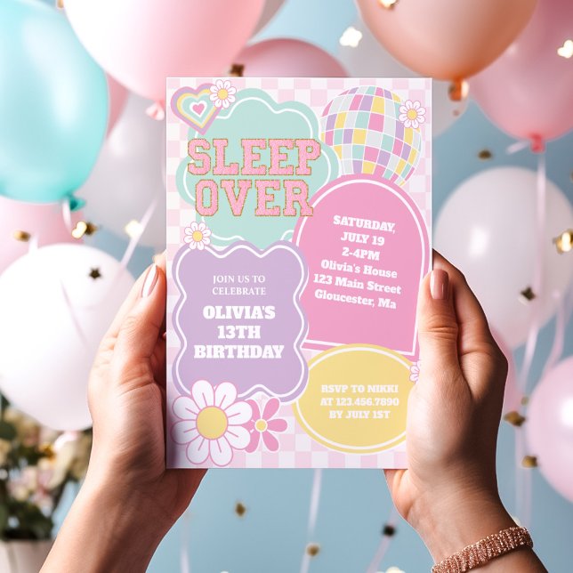Invitation Fête d'anniversaire pyjama pastel Varsity (Créateur téléchargé)