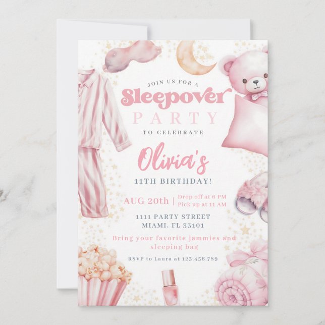 Invitation Fête d'anniversaire Pyjama Rose (Devant)