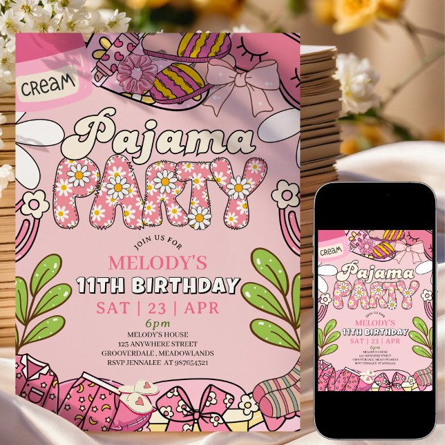 Invitation Fête d'anniversaire pyjama Rose Daisy  (Créateur téléchargé)