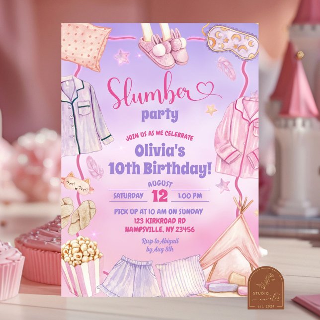 Invitation Fête d'anniversaire pyjama rose et violet (Créateur téléchargé)