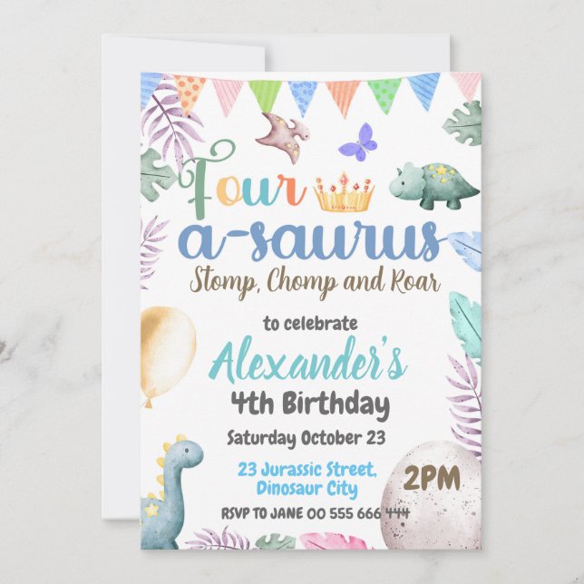 Invitation Fête d'anniversaire Quadru-A-Saurus pour les 4 ans (Devant)
