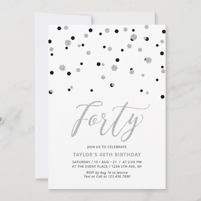 Invitation Fête d'anniversaire Quarante ans Black & Silver Co (Devant)