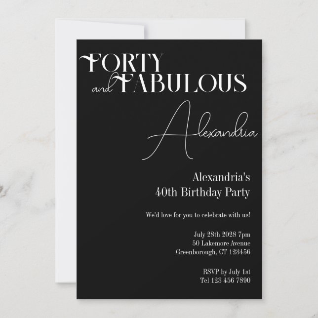 Invitation Fête d'anniversaire Quarante et Fabuleux en typogr (Devant)