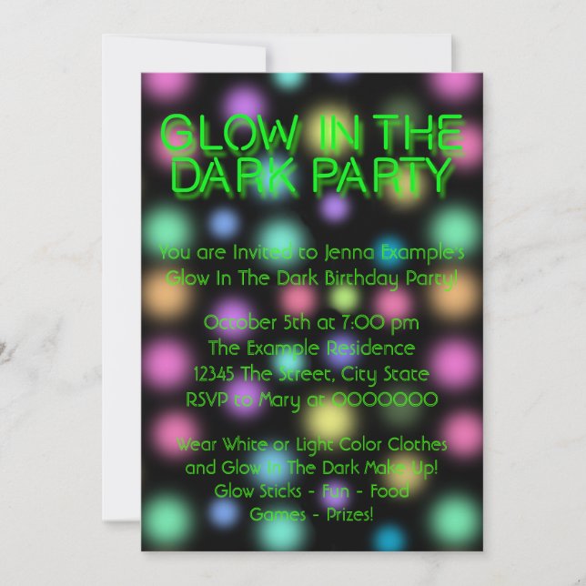 Invitation Fête d'anniversaire qui brille dans le noir (Devant)