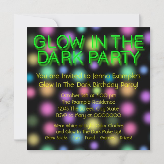 Invitation Fête d'anniversaire qui brille dans le noir (Devant)
