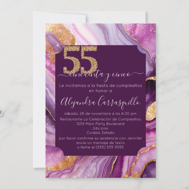 Invitation Fête d'anniversaire raffinée Agate espagnole 55 an (Devant)