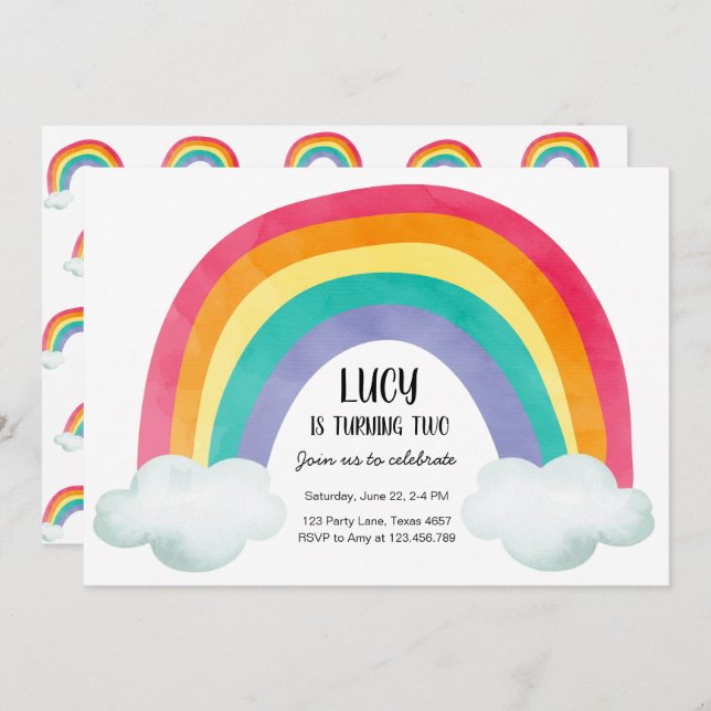 Invitation Fête d'anniversaire Rainbow Nuds Watercolor Girl (Devant / Derrière)