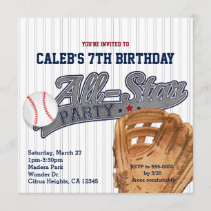 Invitation Fête d'anniversaire rayée Baseball All Star Sports