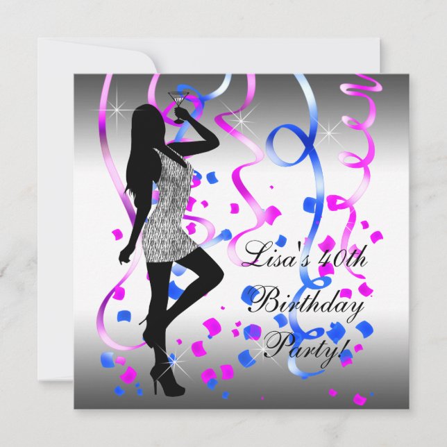 Invitation Fête d'anniversaire rayée bleu royal rose chaud (Devant)