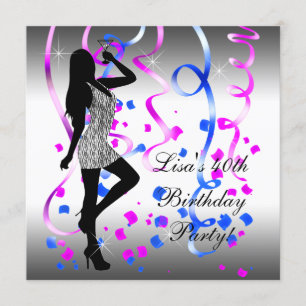 Invitation Fête d'anniversaire rayée bleu royal rose chaud