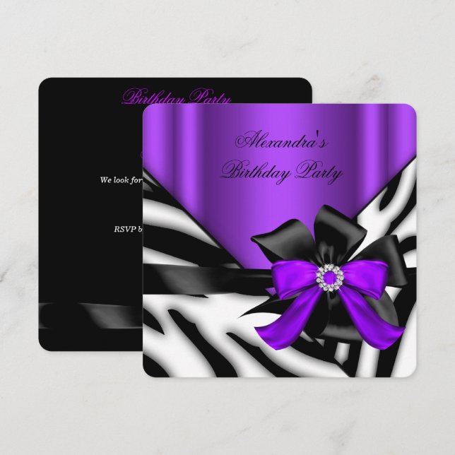 Invitation Fête d'anniversaire rayée noir et violet zèbre (Devant / Derrière)