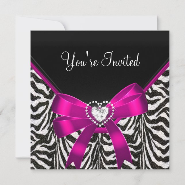 Invitation Fête d'anniversaire rayée rose noir et blanc (Devant)