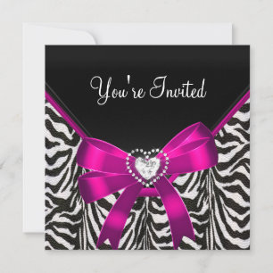 Invitation Fête d'anniversaire rayée rose noir et blanc