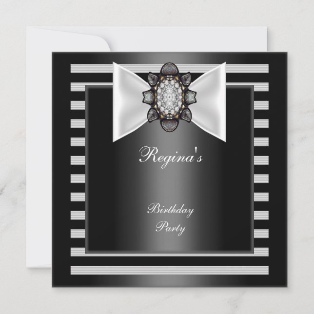 Invitation Fête d'anniversaire rayure noir blanc Nœud (Devant)
