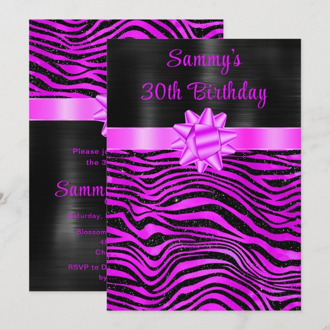 Invitation Fête d'anniversaire rayures de zèbre violettes et  (Devant / Derrière)