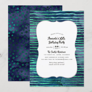 Invitation Fête d'anniversaire rayures et pois bleu marine et