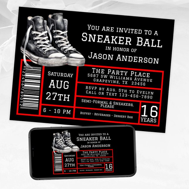 Invitation Fête d'anniversaire Red Black Sneaker Ball  (Boy red black sneaker ball invitations shoe label style. Available for instant download and print.)