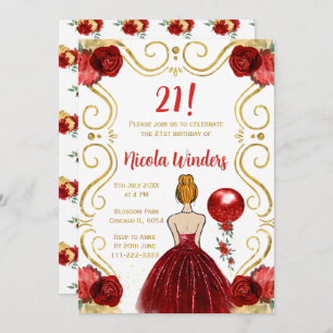 Invitation Fête d'anniversaire Red Hair Princesse en rouge