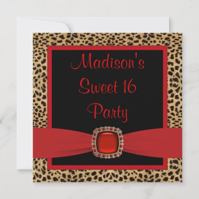 Invitation Fête d'anniversaire Red Leopard Sweet 16 (Devant)