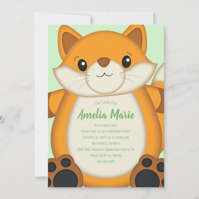 Invitation Fête d'anniversaire renard vert (Devant)