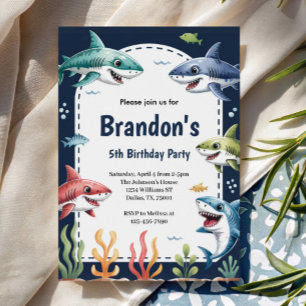 Invitation Fête d'anniversaire requin aquarelle garçons migno
