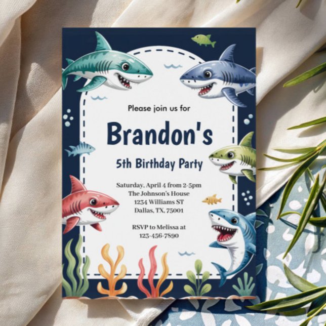Invitation Fête d'anniversaire requin aquarelle garçons migno (Créateur téléchargé)