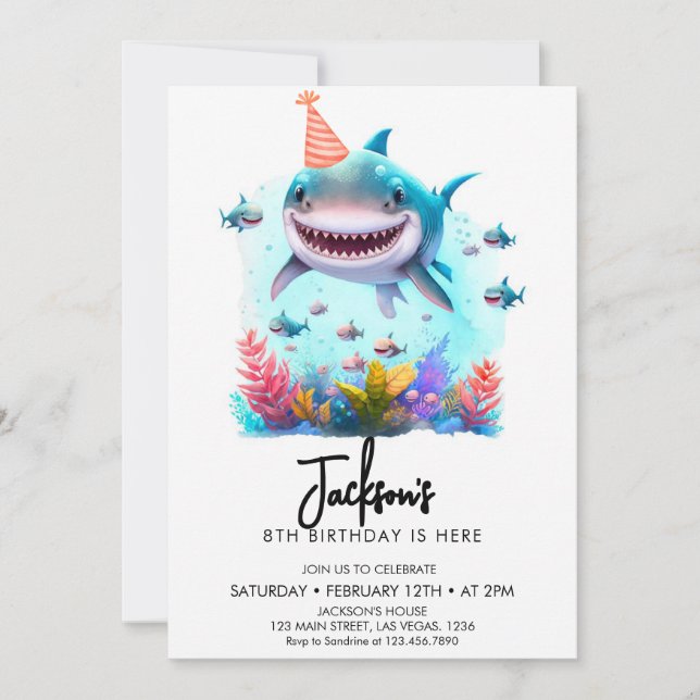 Invitation Fête d'anniversaire requin mignon (Devant)