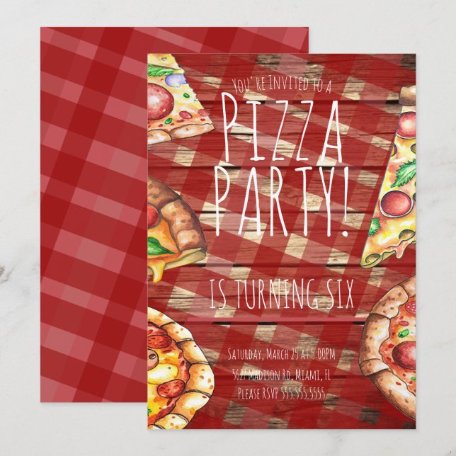 Invitation Fête d'anniversaire Restaurant Pizza carreau Aquar (Devant / Derrière)