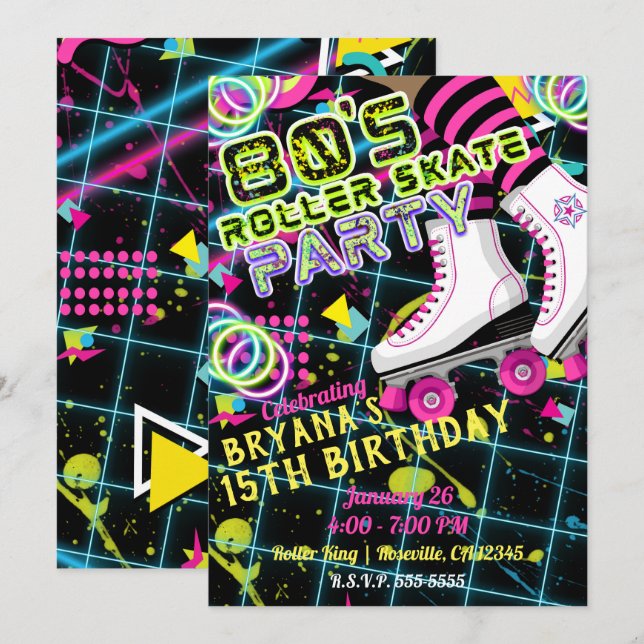 Invitation Fête d'anniversaire Rétro 80's Patin à roulettes (Devant / Derrière)