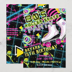 Invitation Fête d'anniversaire Rétro 80's Patin à roulettes
