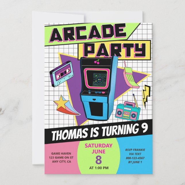 Invitation Fête d'anniversaire Retro Arcade de jeux vidéo Gam (Devant)