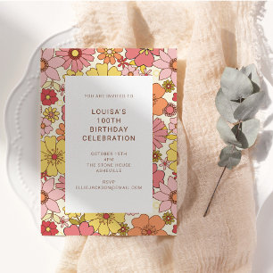 Invitation Fête d'anniversaire rétro boho rose jaune floral 1