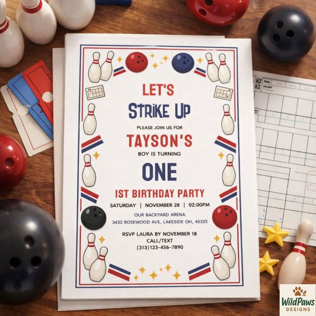 Invitation Fête d'anniversaire Retro Bowling 1re année – Enfa (Retro Bowling 1st Birthday Party – Fun Kids Invitation
)