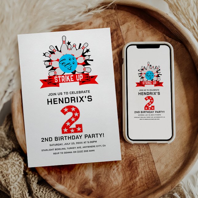 Invitation Fête d'anniversaire Rétro Bowling Enfants 2 ans (Retro Bowling Kids 2ND Birthday Party Invitation)