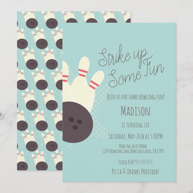 Invitation Fête d'anniversaire rétro bowling sarcelle (Devant / Derrière)