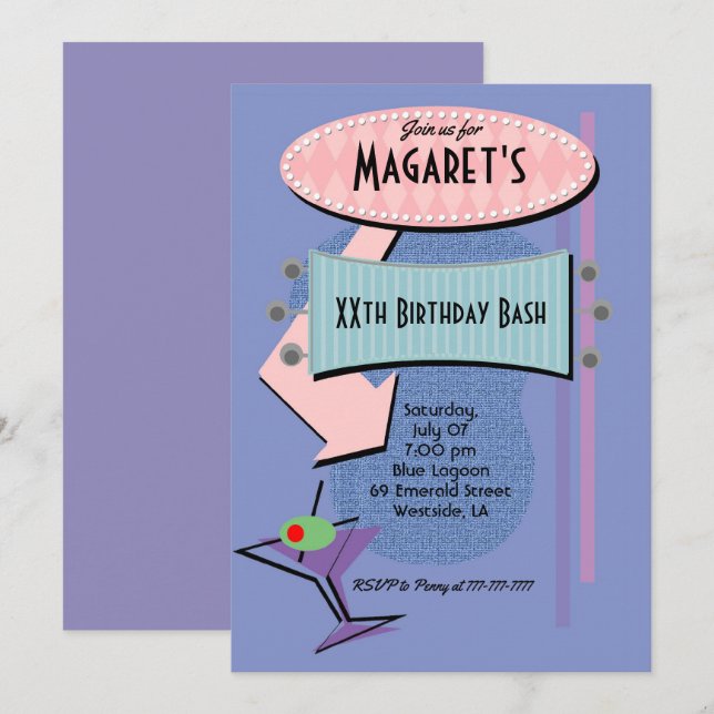 Invitation Fête d'anniversaire rétro cocktail (Devant / Derrière)