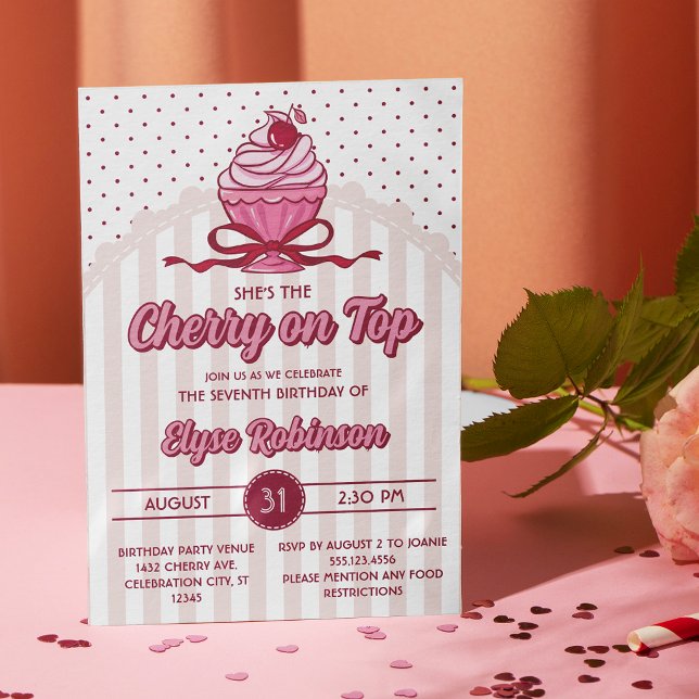 Invitation Fête d'anniversaire Rétro Coquette Cherry on Top G (Créateur téléchargé)