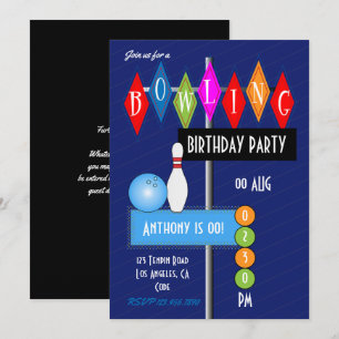 Invitation Fête d'anniversaire rétro de bowling bleu royal