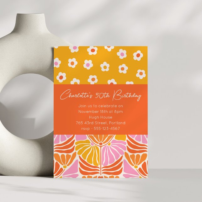 Invitation Fête d'anniversaire rétro fleuri orange 50 ans Col (Créateur téléchargé)