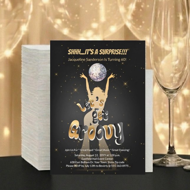 Invitation Fête d'anniversaire Rétro Groovy 60 ans en Or (Créateur téléchargé)