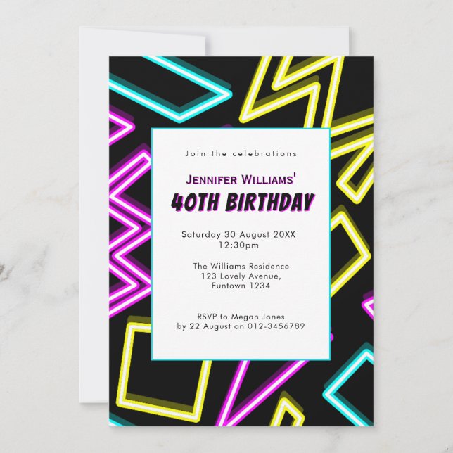 Invitation Fête d'anniversaire rétro néon noir 40 ans (Devant)
