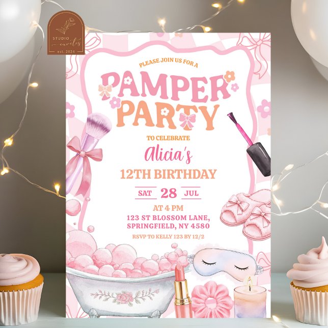 Invitation Fête d'anniversaire rétro pastel rose de spa et de (Créateur téléchargé)