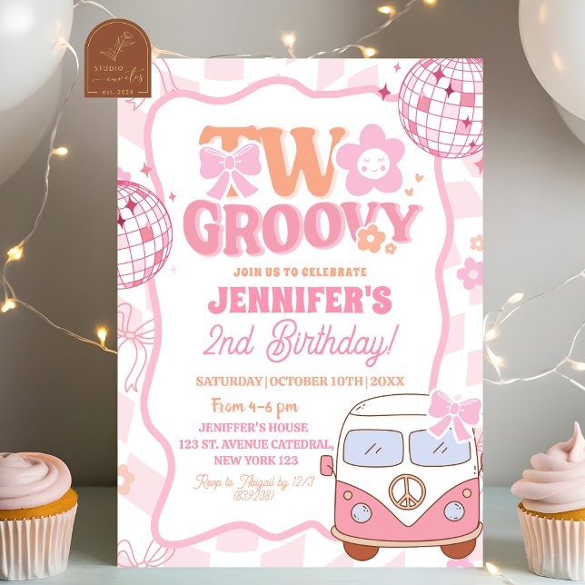 Invitation Fête d'anniversaire Rétro Pastel Van Two Groovy 2è (Créateur téléchargé)