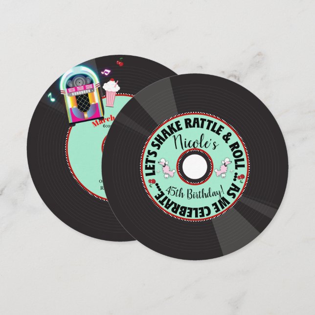 Invitation Fête d'anniversaire Retro Record 1950'S 50'S Année (Devant / Derrière)