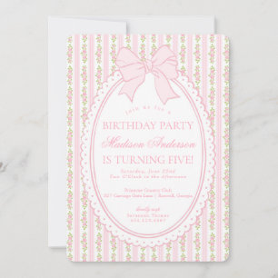 Invitation Fête d'anniversaire rétro rose et blanc à motif fl