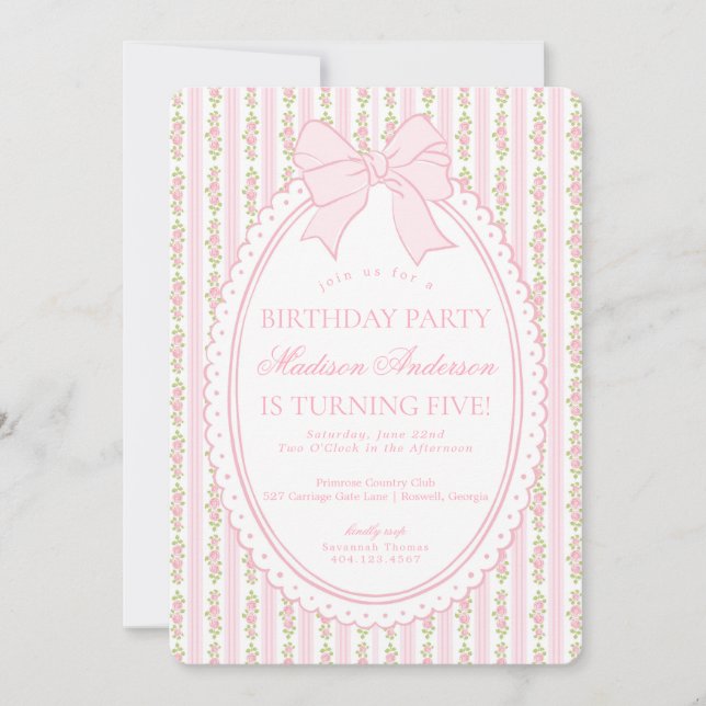 Invitation Fête d'anniversaire rétro rose et blanc à motif fl (Devant)