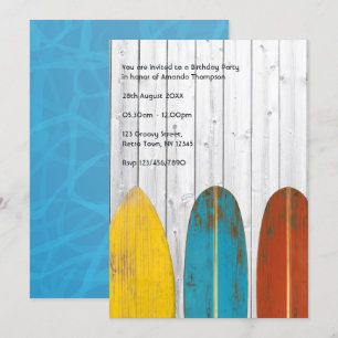 Invitation Fête d'anniversaire rétro rustique surfer plage